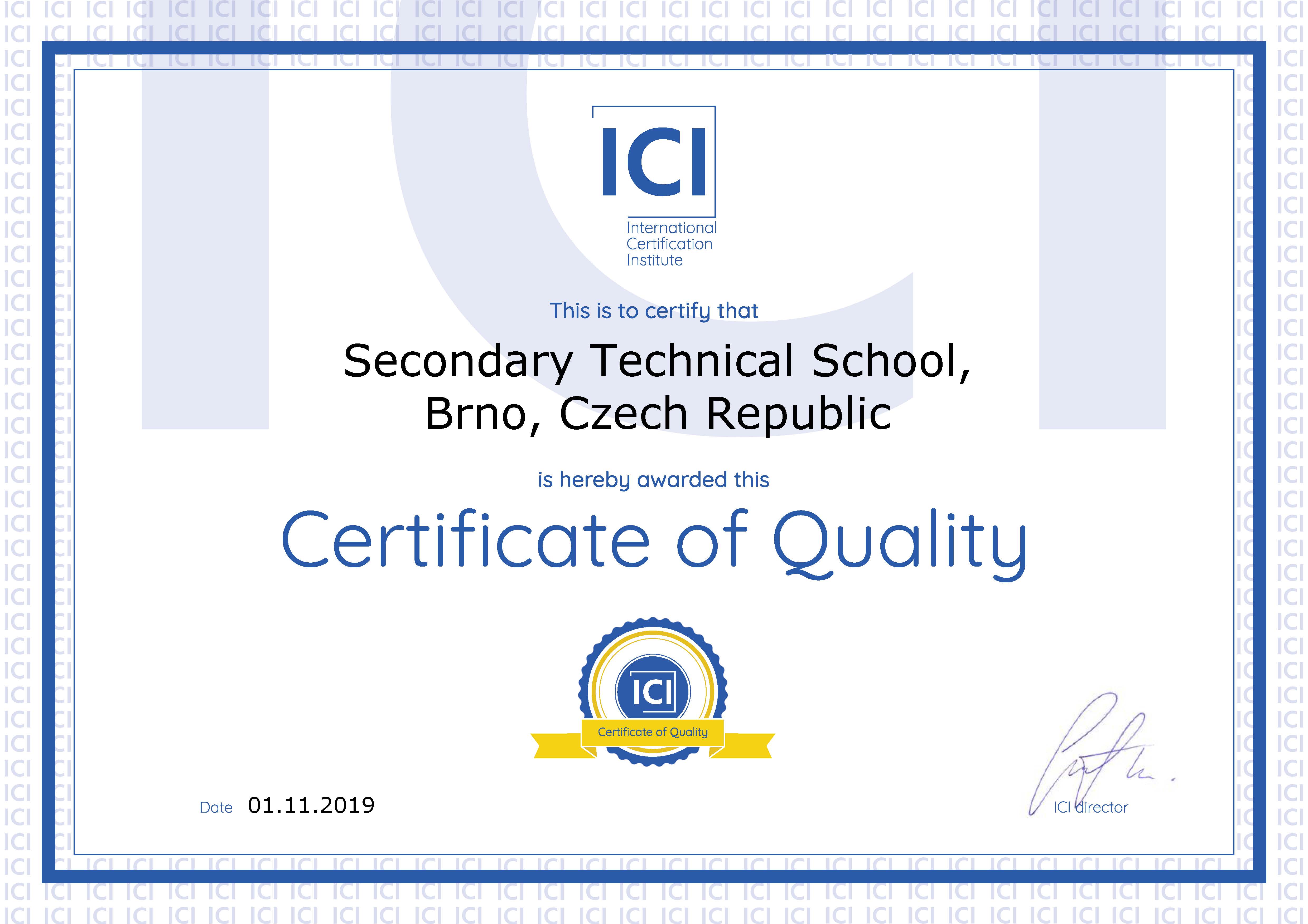 Certifikát inštitúcie ICI