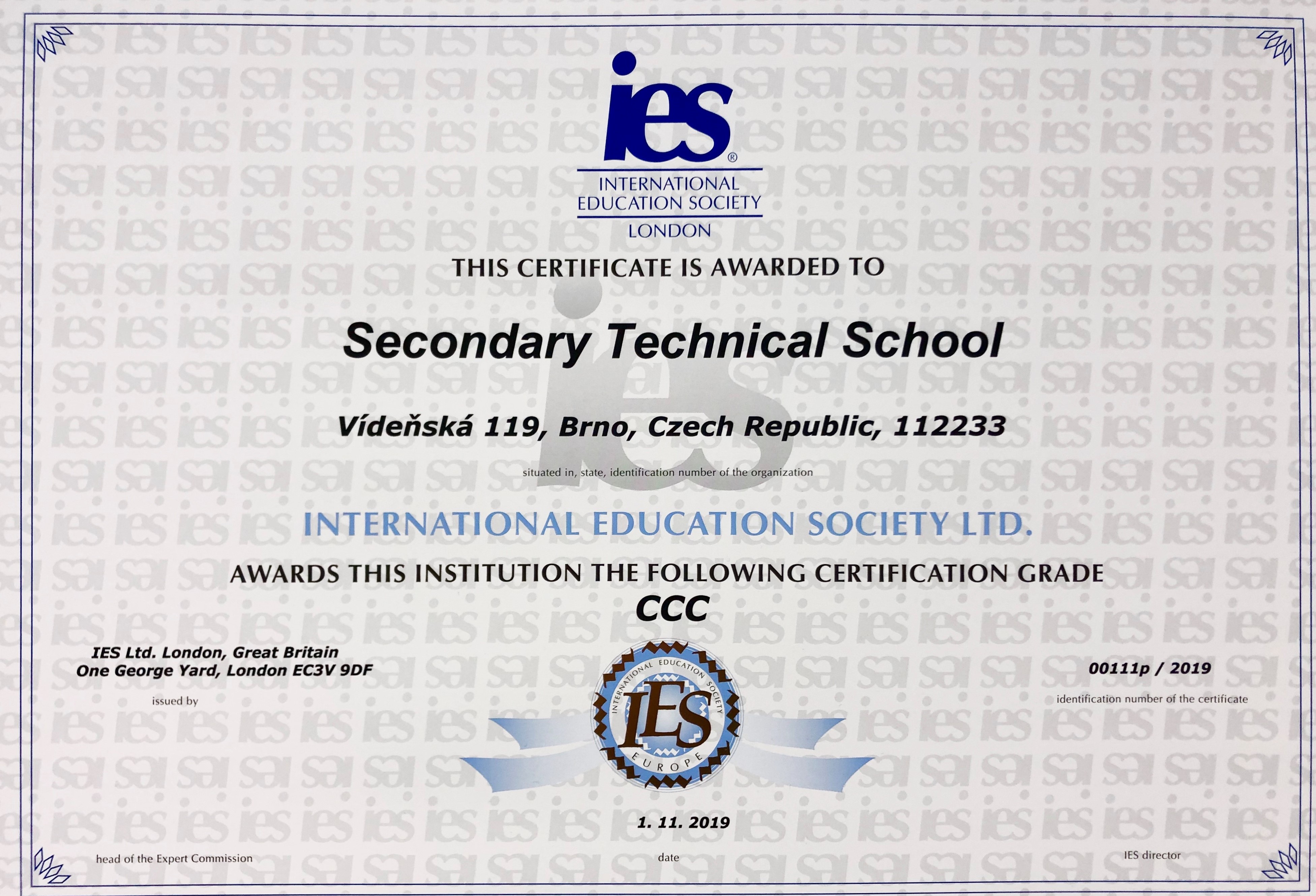 IES Institution certificate