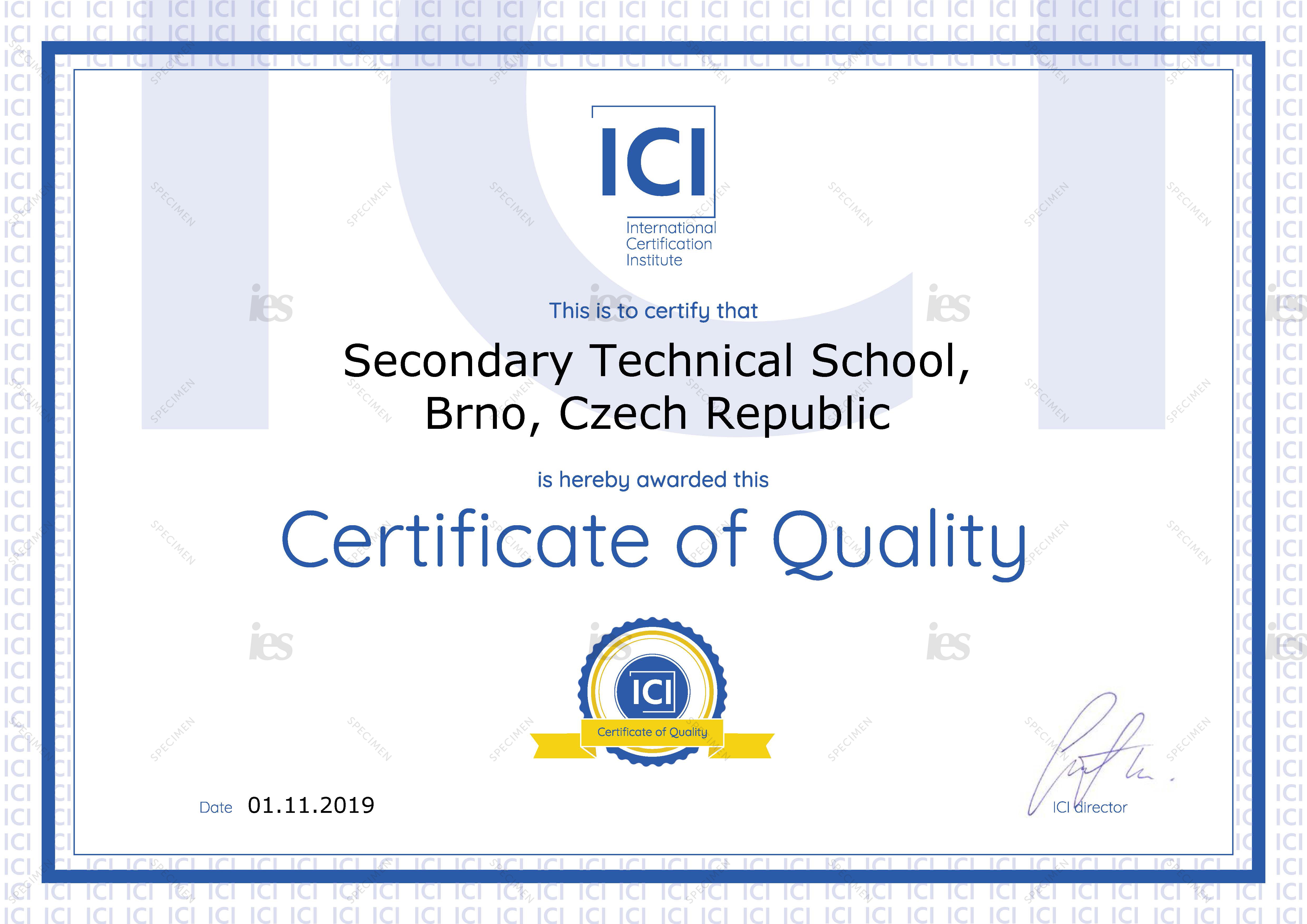 ICI Сертификат учебного заведения